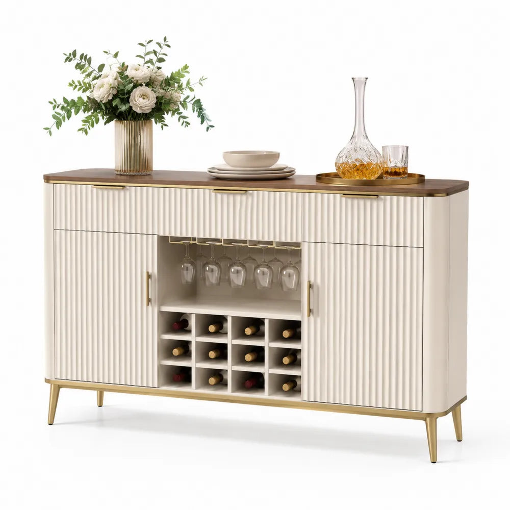 Beiges Sideboard mit Weinglashalter und Flaschenregal, Holzwerkstoff und Metall, 120x40x85cm