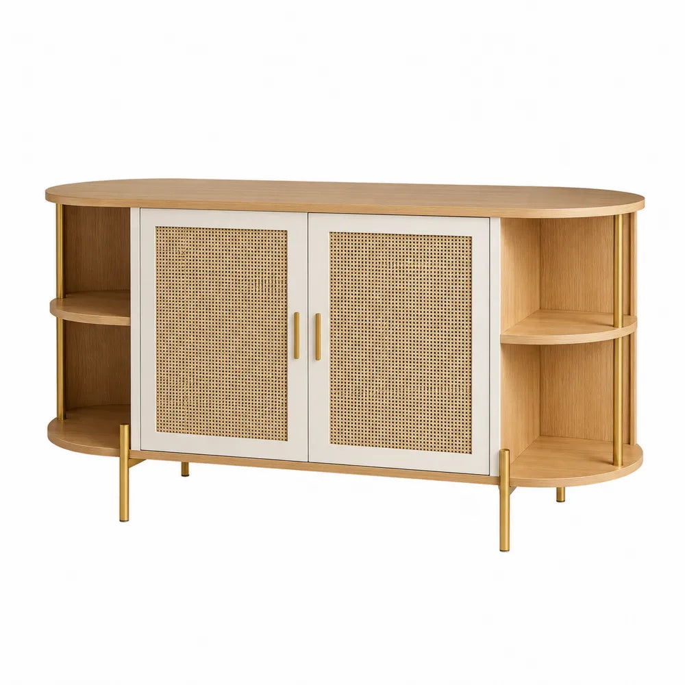 Sideboard Holzweiß Oval Rattan Türen Eichenholz