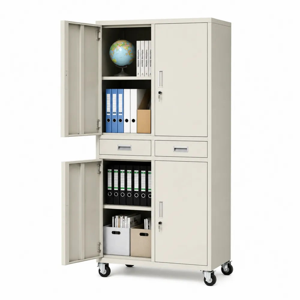 Beiger Stahlschrank mit Rollen und Schloss 180cm