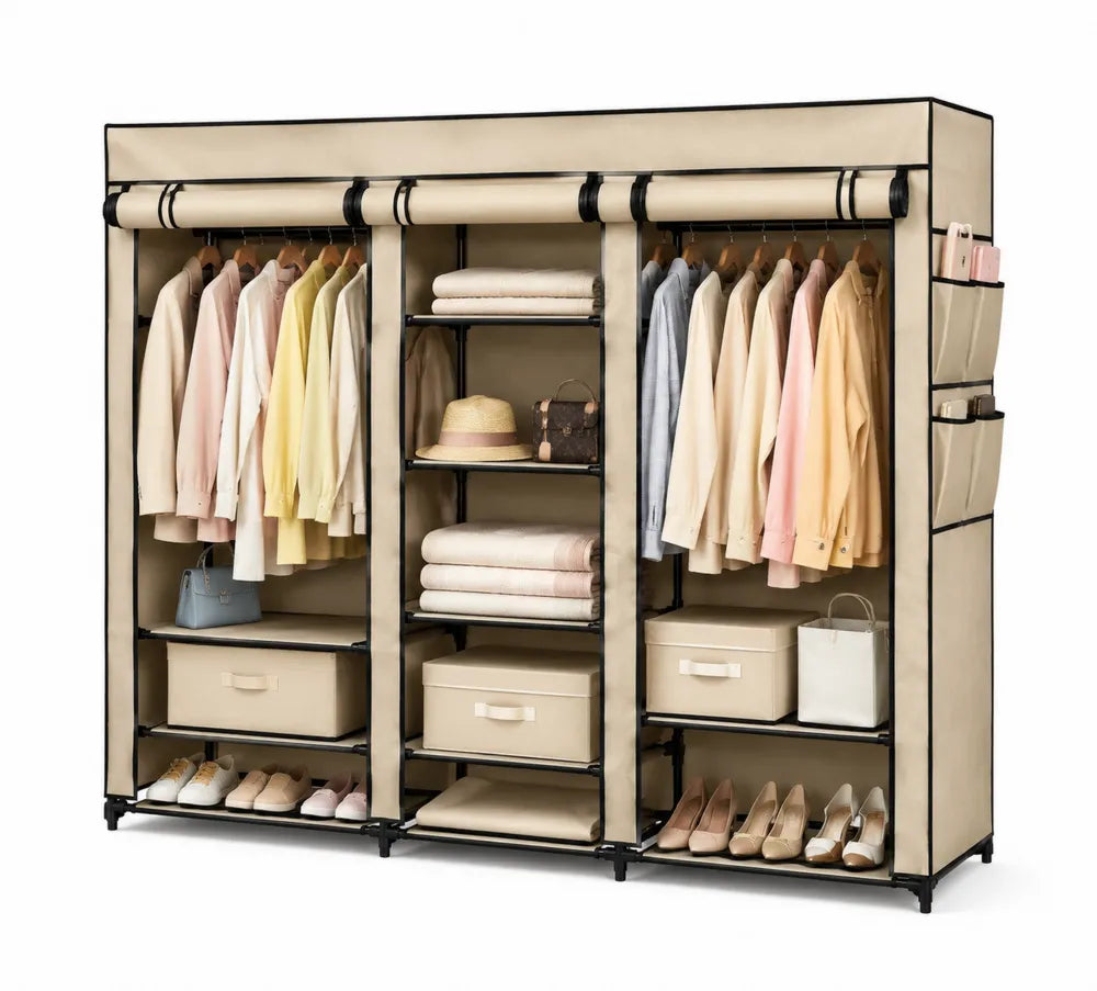 Freistehender Kleiderschrank aus Metallrohr mit Stoffverkleidung Beige